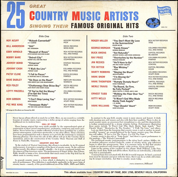 Various - Famous Original Hits By 25 Great Country Music Artists | Country Music Association (CMA 712) - 2 Various - Famous Original Hits By 25 Great Country Music Artists | Country Music Association (CMA 712) - 2