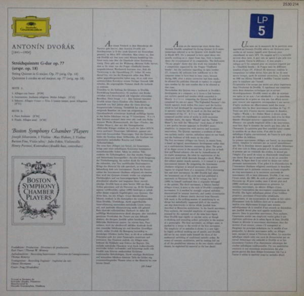 Antonín Dvořák , Boston Symphony Chamber Players - Streichquintett G-Dur Op. 77 (Urspr. Op. 18) | Deutsche Grammophon (2530 214) - 2