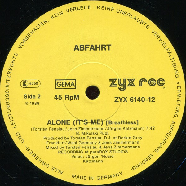 Abfahrt - Alone (It's Me) | ZYX Records (ZYX 6140-12) - 4