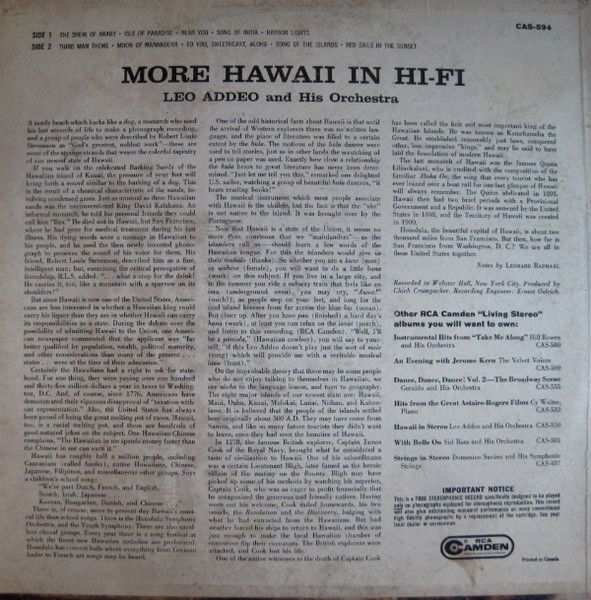 Leo Addeo And His Orchestra - More Hawaii In Hi-Fi | RCA Camden (CAS 594) - 2