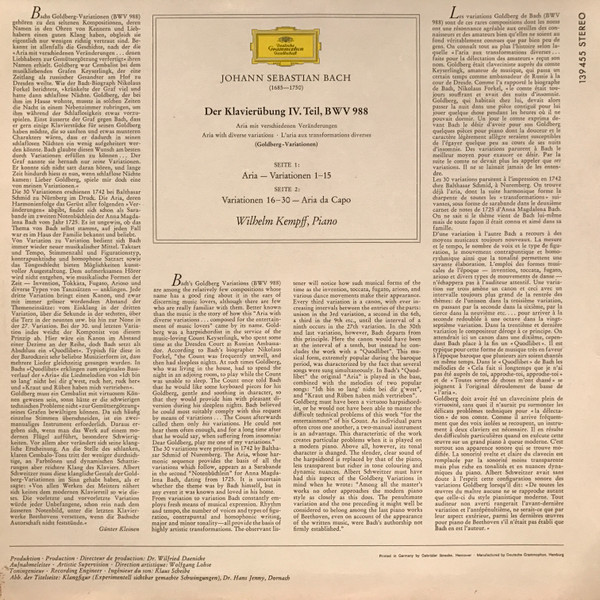 Johann Sebastian Bach - Wilhelm Kempff - Goldberg-Variationen BWV 988 (Clavierübung IV) | Deutsche Grammophon (139 455) - 2