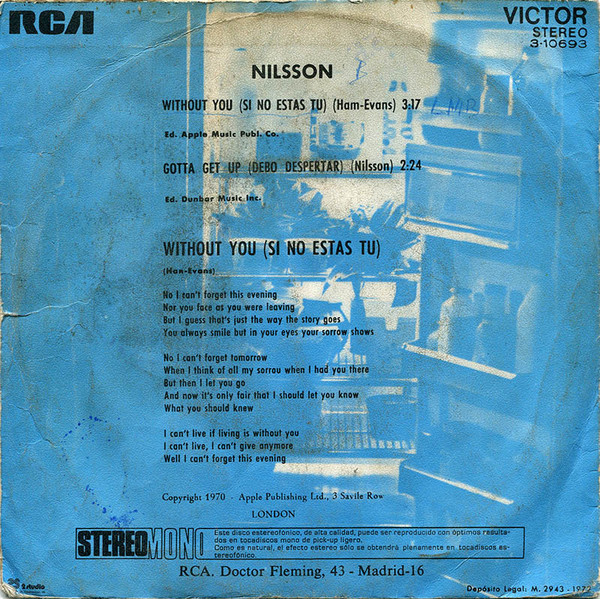 Harry Nilsson - Without You = Si No Estás Tú / Gotta Get Up = Debo Despertar | RCA Victor (3-10693) - 2