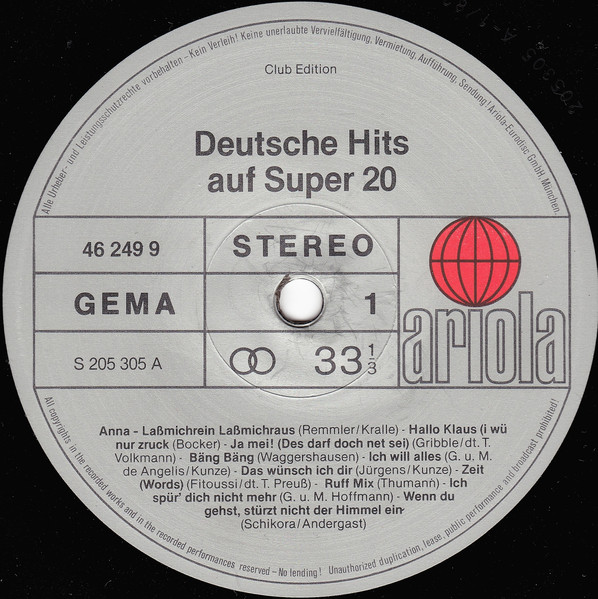 Various - Deutsche Hits Auf Super 20 | Ariola (46 249 9) - 3