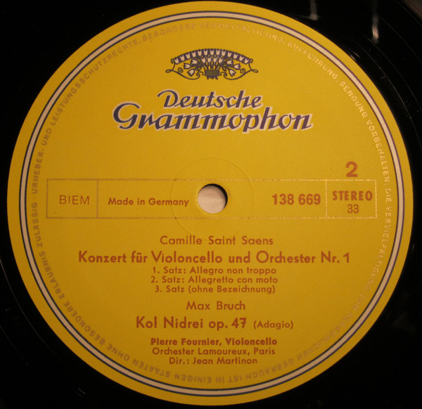 Camille Saint-Saëns / Édouard Lalo / Max Bruch - Pierre Fournier , Orchestre Des Concerts Lamoureux • Jean Martinon - Cellokonzert Nr. 1 A-moll / Cellokonzert D-moll / Kol Nidrei, Op. 47 | Deutsche Grammophon (138 669 SLPM) - 3