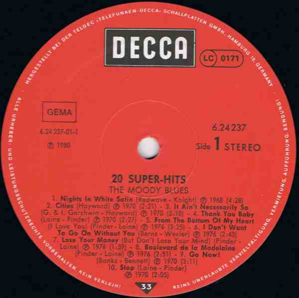 The Moody Blues - 20 Super Hits By The Moody Blues | Decca (6.24 237) - 2
