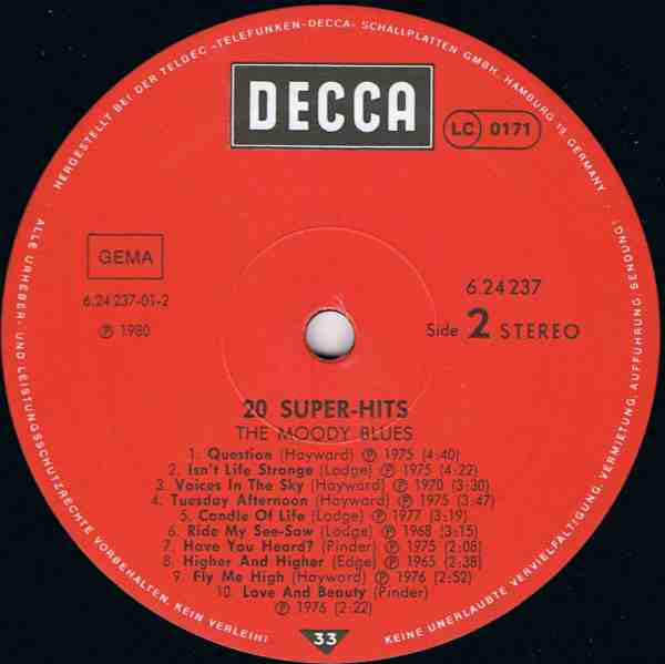 The Moody Blues - 20 Super Hits By The Moody Blues | Decca (6.24 237) - 3