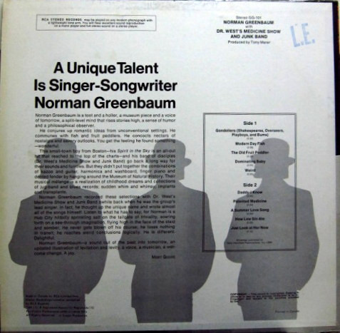 Norman Greenbaum With Dr. West's Medicine Show And Junk Band - Norman Greenbaum With Dr. West's Medicine Show And Junk Band | RCA (GG-101) - 2
