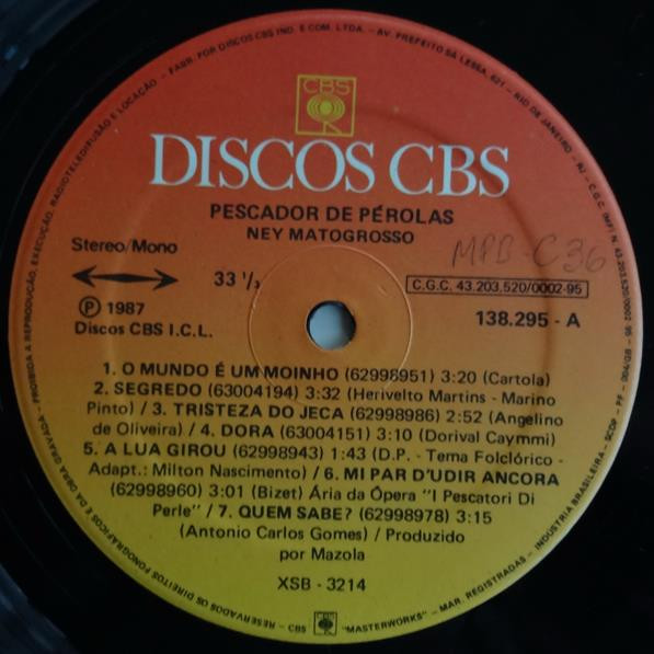 Ney Matogrosso - Pescador De Pérolas | Discos CBS (138295) - 3 Ney Matogrosso - Pescador De Pérolas | Discos CBS (138295) - 3