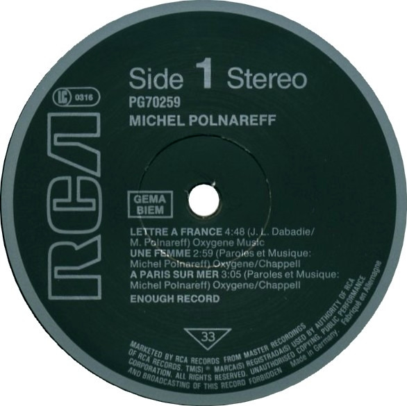 Michel Polnareff - Lettre À France | RCA (PG 70259) - 3