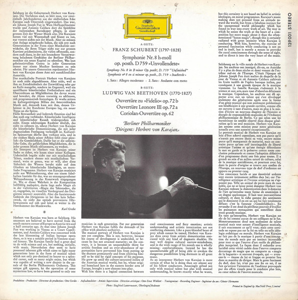 Franz Schubert / Ludwig van Beethoven , Berliner Philharmoniker ∙ Herbert von Karajan - Symphony No. 8 "Unfinished" / Fidelio ∙ Leonore III ∙ Coriolan (Overtures) | Deutsche Grammophon (139 001) - 2 Franz Schubert / Ludwig van Beethoven , Berliner Philharmoniker ∙ Herbert von Karajan - Symphony No. 8 "Unfinished" / Fidelio ∙ Leonore III ∙ Coriolan (Overtures) | Deutsche Grammophon (139 001) - 2