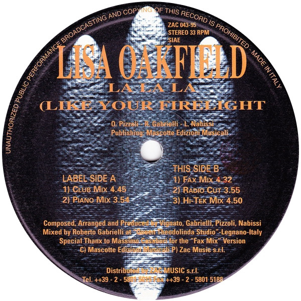 Lisa Oakfield - La La La (Like Your Firelight) | ZAC Records (ZAC 043-95) - main
