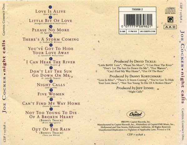 Joe Cocker - Night Calls | Capitol Records (795898 2) - 2
