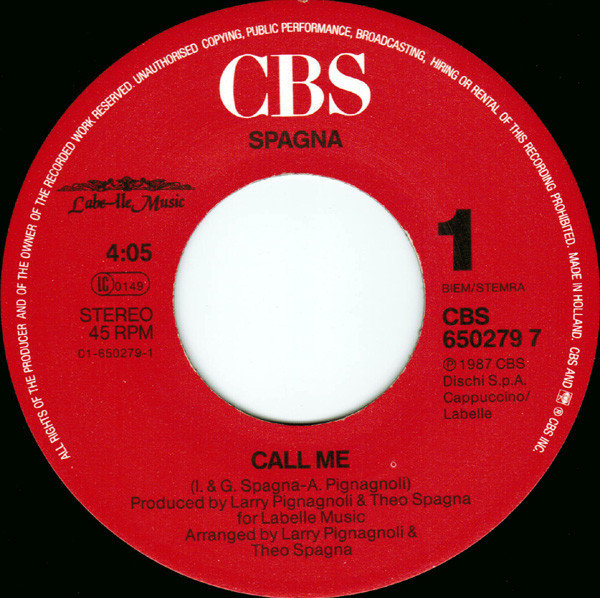 Ivana Spagna - Call Me | CBS (CBS 650279 7) - 3