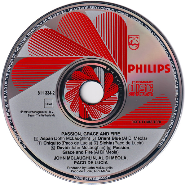 John McLaughlin , Al Di Meola , Paco De Lucía - Passion Grace & Fire | Philips (811 334-2) - 3
