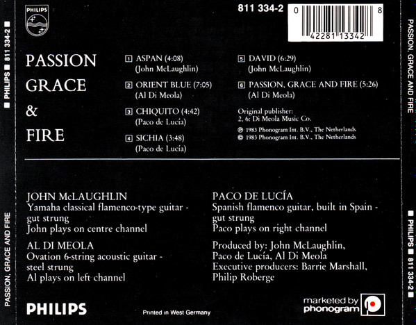 John McLaughlin , Al Di Meola , Paco De Lucía - Passion Grace & Fire | Philips (811 334-2) - 2