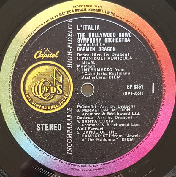 The Hollywood Bowl Symphony Orchestra Conducted By Carmen Dragon - L'Italia | Capitol Records (SP8351) - 3