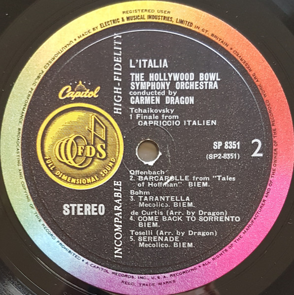 The Hollywood Bowl Symphony Orchestra Conducted By Carmen Dragon - L'Italia | Capitol Records (SP8351) - 4