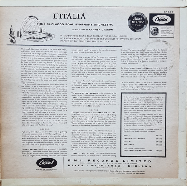 The Hollywood Bowl Symphony Orchestra Conducted By Carmen Dragon - L'Italia | Capitol Records (SP8351) - 2