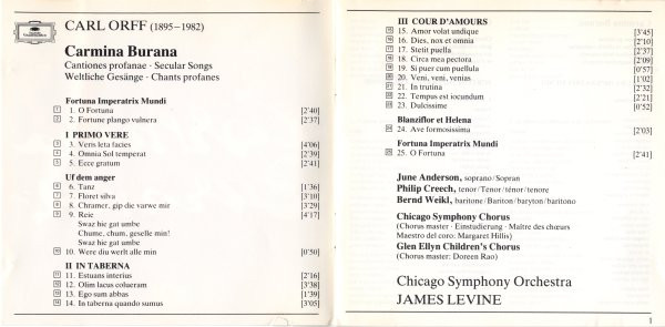 Carl Orff - June Anderson · Philip Creech · Bernd Weikl , Chicago Symphony Chorus And Chicago Symphony Orchestra , James Levine - Carmina Burana | Deutsche Grammophon (415 136-2) - 4