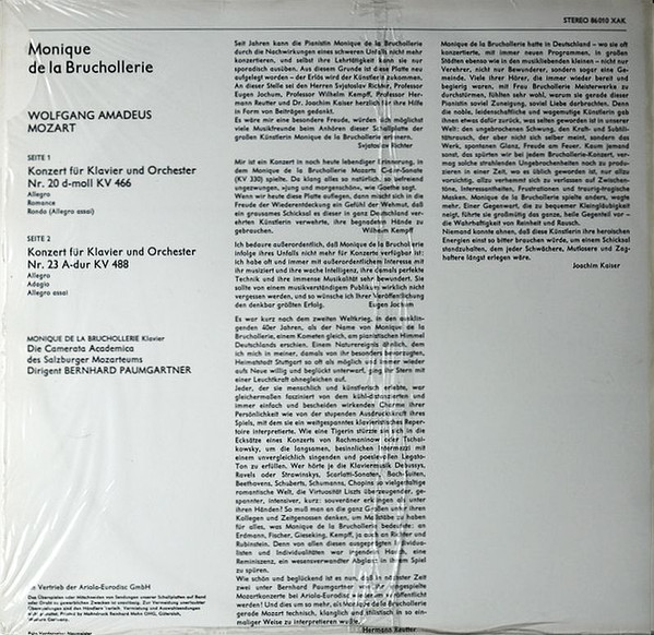 Monique de la Bruchollerie Spielt Wolfgang Amadeus Mozart , Camerata Academica Salzburg , Bernhard Paumgartner - Monique De La Bruchollerie Spielt Mozart (Klavierkonzerte D-Moll KV 466, A-Dur KV 488) | Baccarola (86010 XAK) - 2 Monique de la Bruchollerie Spielt Wolfgang Amadeus Mozart , Camerata Academica Salzburg , Bernhard Paumgartner - Monique De La Bruchollerie Spielt Mozart (Klavierkonzerte D-Moll KV 466, A-Dur KV 488) | Baccarola (86010 XAK) - 2