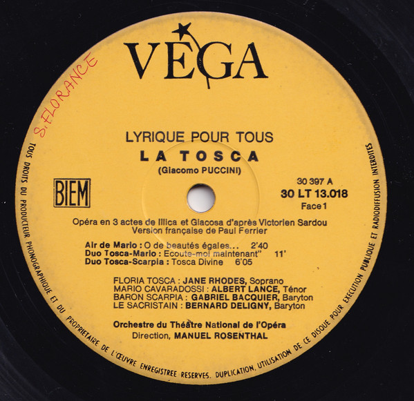 Jane Rhodes , Albert Lance , Gabriel Bacquier - La Tosca - Extraits En Français | Vega (30 LT 13018) - 3