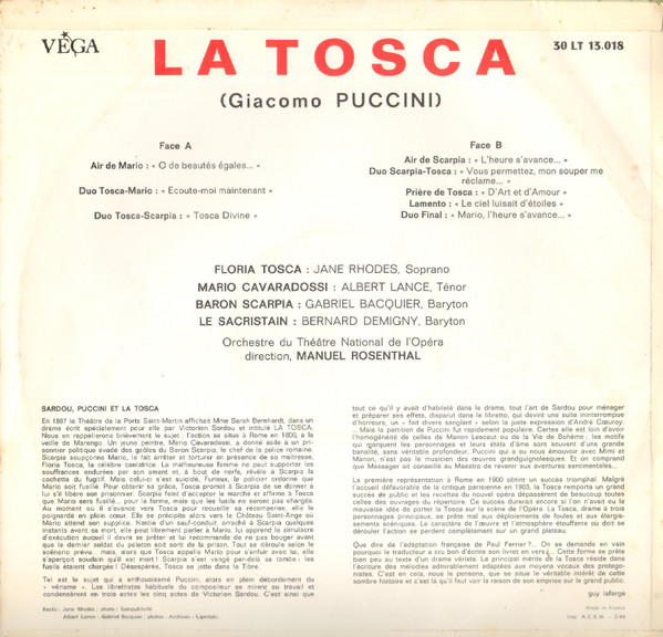 Jane Rhodes , Albert Lance , Gabriel Bacquier - La Tosca - Extraits En Français | Vega (30 LT 13018) - 2