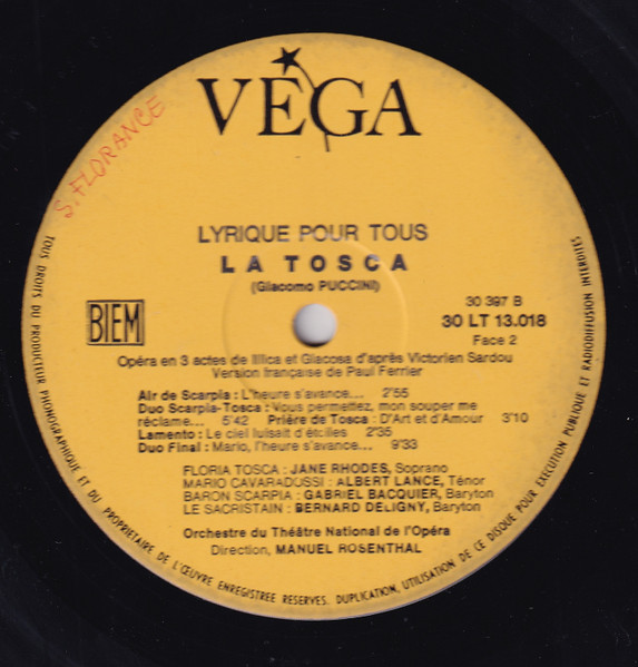Jane Rhodes , Albert Lance , Gabriel Bacquier - La Tosca - Extraits En Français | Vega (30 LT 13018) - 4