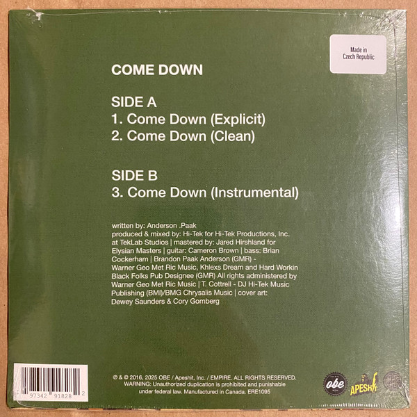Anderson .Paak - Come Down | OBE (ERE1095) - 2