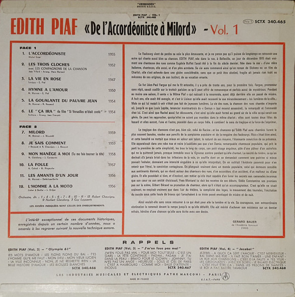 Edith Piaf - De L'Accordéoniste à Milord - Vol. 1 | Columbia (SCTX 340.465) - 2