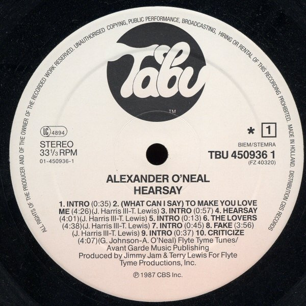 Alexander O'Neal - Hearsay | Tabu Records (TBU 450936 1) - 2