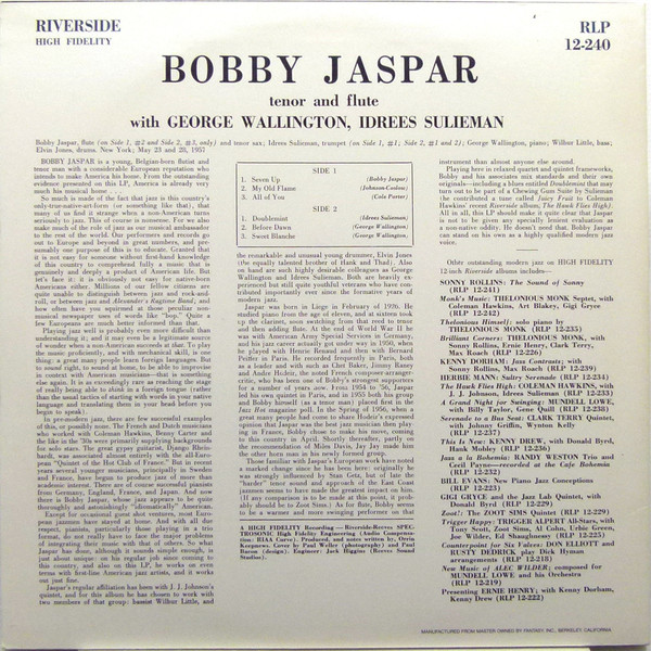 Bobby Jaspar - Tenor And Flute | Riverside Records (RLP 12-240) - 2 Bobby Jaspar - Tenor And Flute | Riverside Records (RLP 12-240) - 2