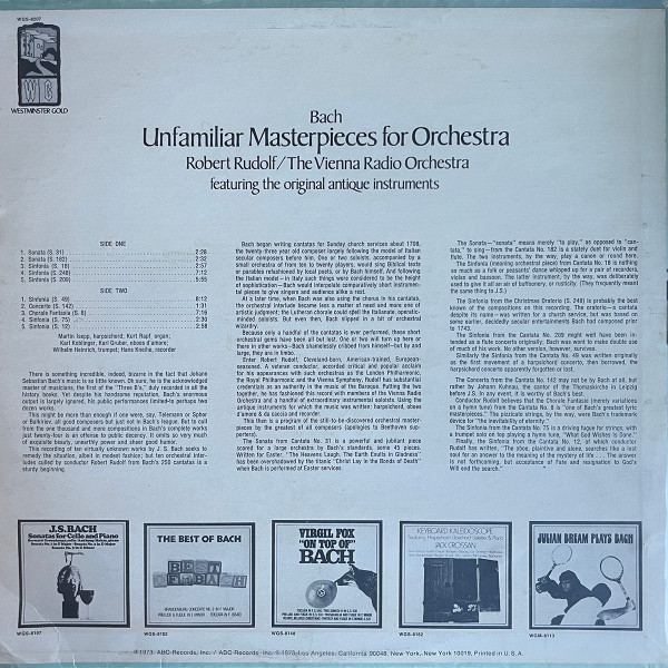 Robert Rudolf , Martin Isepp - Bach: Unfamiliar Masterpieces for Orchestra | Westminster Gold (WGS 8207) - 2
