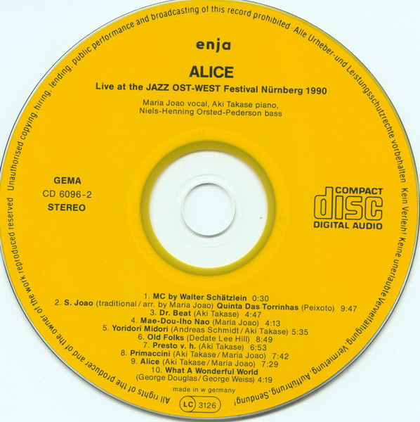 Maria João • Aki Takase • Niels-Henning Ørsted Pedersen - Alice | Enja Records (enja CD 6096-2) - 4
