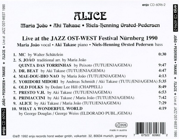 Maria João • Aki Takase • Niels-Henning Ørsted Pedersen - Alice | Enja Records (enja CD 6096-2) - 3