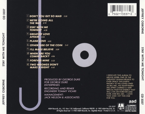 Jeffrey Osborne - Stay With Me Tonight | A&M Records (CD 3337) - 2