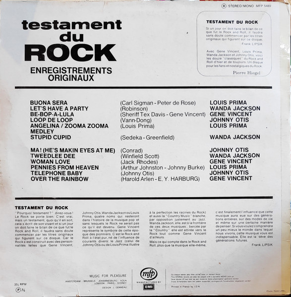 Various - Testament Du Rock | Music For Pleasure (2M 046-81.656) - 2