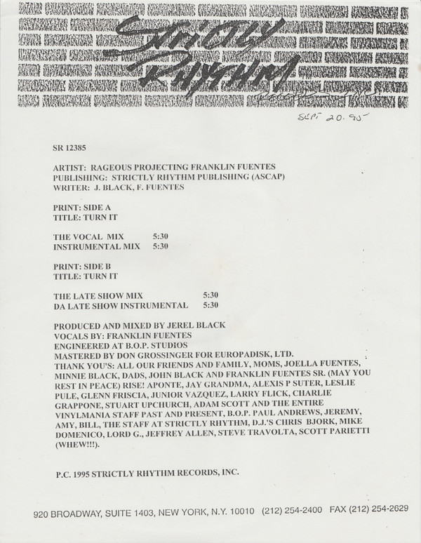 Rageous Projecting Franklin Fuentes - Turn It | Strictly Rhythm (SR12385) - 2 Rageous Projecting Franklin Fuentes - Turn It | Strictly Rhythm (SR12385) - 2