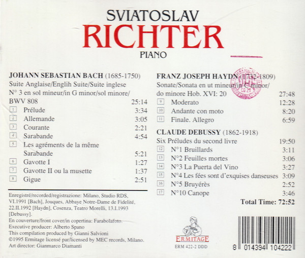 Sviatoslav Richter - Johann Sebastian Bach , Joseph Haydn , Claude Debussy - Suite Anglaise N°3 BWV 808 - Sonata N°20 - Six Préludés II Livre | Ermitage (ERM 422-2 DDD) - 2 Sviatoslav Richter - Johann Sebastian Bach , Joseph Haydn , Claude Debussy - Suite Anglaise N°3 BWV 808 - Sonata N°20 - Six Préludés II Livre | Ermitage (ERM 422-2 DDD) - 2