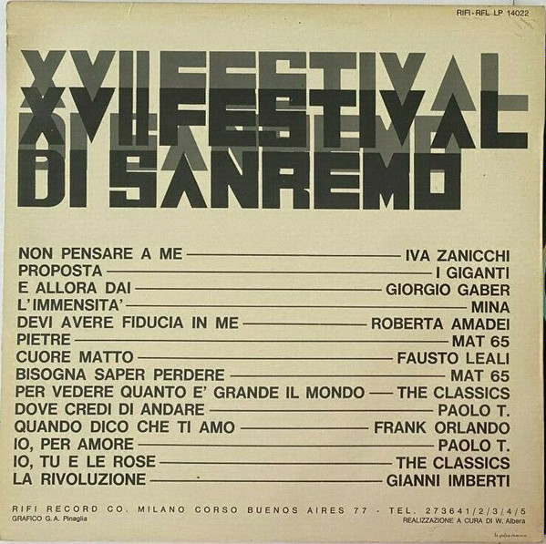 Various - XVII Festival Di Sanremo | Rifi (RFL LP 14022) - 2 Various - XVII Festival Di Sanremo | Rifi (RFL LP 14022) - 2