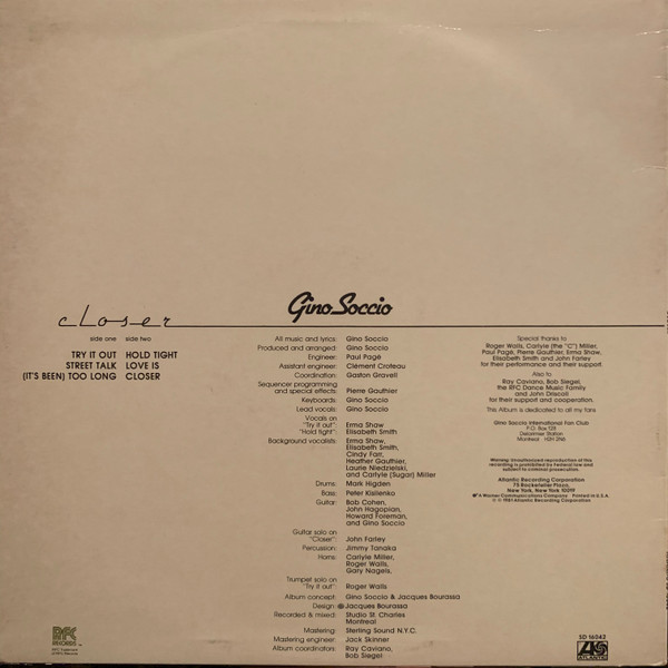 Gino Soccio - Closer | Atlantic (SD 16042) - 2