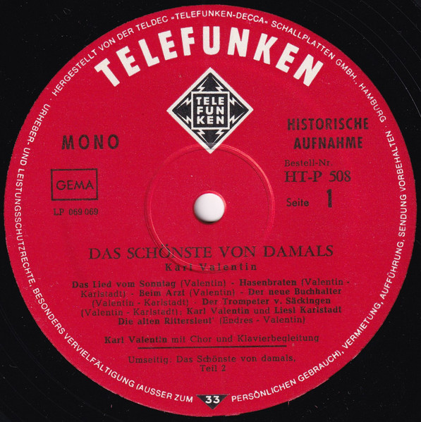 Karl Valentin Mit Liesl Karlstadt - Das Schönste von Damals | Telefunken (HT-P 508) - 2 Karl Valentin Mit Liesl Karlstadt - Das Schönste von Damals | Telefunken (HT-P 508) - 2