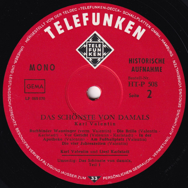 Karl Valentin Mit Liesl Karlstadt - Das Schönste von Damals | Telefunken (HT-P 508) - 3 Karl Valentin Mit Liesl Karlstadt - Das Schönste von Damals | Telefunken (HT-P 508) - 3
