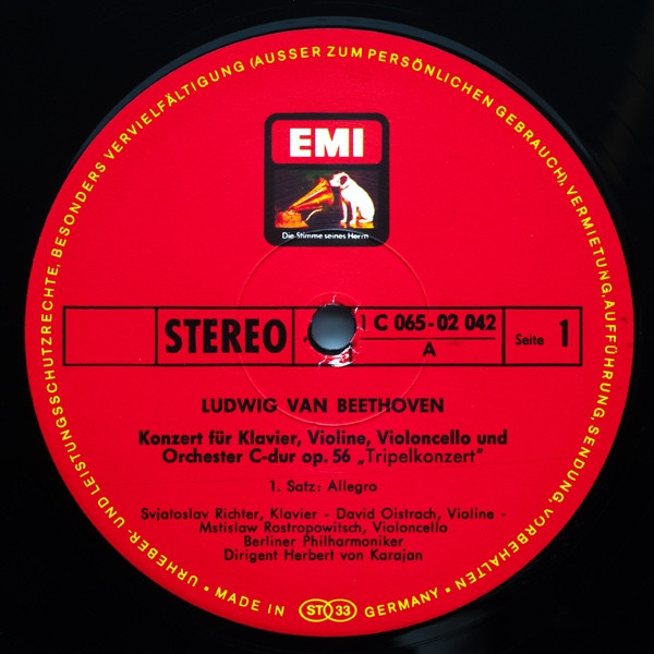 Ludwig van Beethoven - Berliner Philharmoniker , David Oistrach , Mstislav Rostropovich , Sviatoslav Richter , Herbert von Karajan - Tripelkonzert C-Dur Op.56 | His Master's Voice (1C 065-02 042) - 3