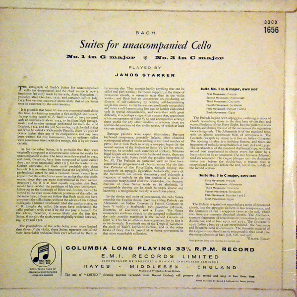 Janos Starker , Johann Sebastian Bach - Suites For Unaccompanied Cello - No. 1 In G Major / No. 3 In C Major | Columbia (33CX 1656) - 2