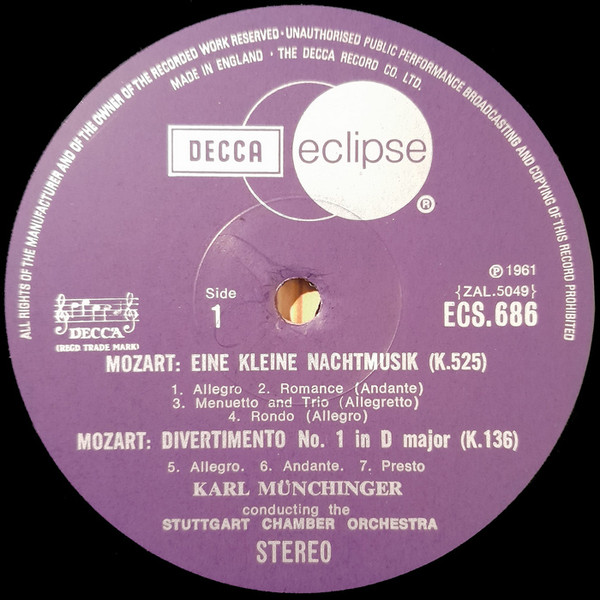 Wolfgang Amadeus Mozart , Stuttgarter Kammerorchester , Karl Münchinger - Eine Kleine Nachtmusik / Divertimento No. 1 / A Musical Joke | Decca (ECS 686) - 3