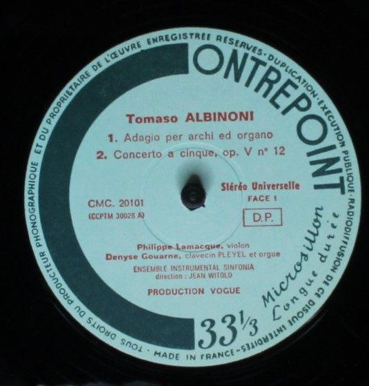 Tomaso Albinoni / Philippe Lamacque , Denyse Gouarne , Ensemble Instrumental Sinfonia Direction: Jean Witold - Dilettante Veneto | Vogue Contrepoint (CMC 20 101) - 3
