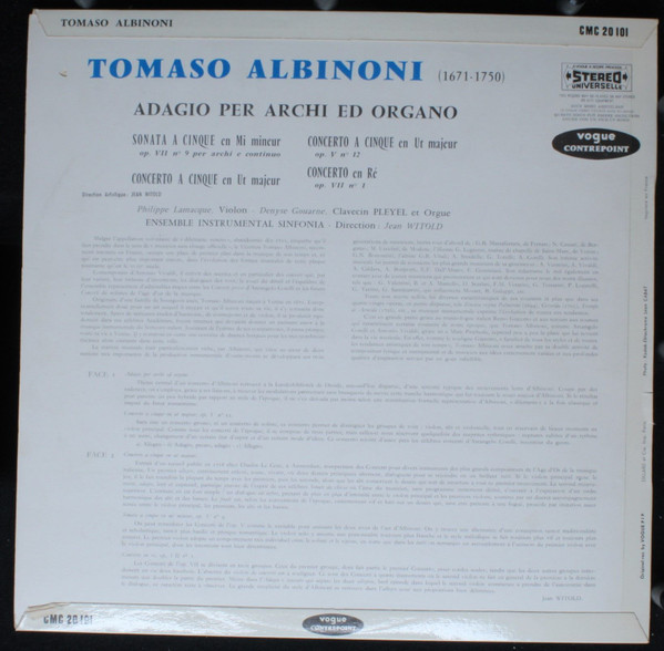 Tomaso Albinoni / Philippe Lamacque , Denyse Gouarne , Ensemble Instrumental Sinfonia Direction: Jean Witold - Dilettante Veneto | Vogue Contrepoint (CMC 20 101) - 2