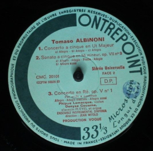 Tomaso Albinoni / Philippe Lamacque , Denyse Gouarne , Ensemble Instrumental Sinfonia Direction: Jean Witold - Dilettante Veneto | Vogue Contrepoint (CMC 20 101) - 4