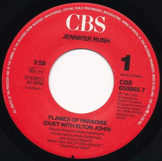 Jennifer Rush Duet With Elton John - Flames Of Paradise | CBS (CBS 650865 7) - 2 Jennifer Rush Duet With Elton John - Flames Of Paradise | CBS (CBS 650865 7) - 2