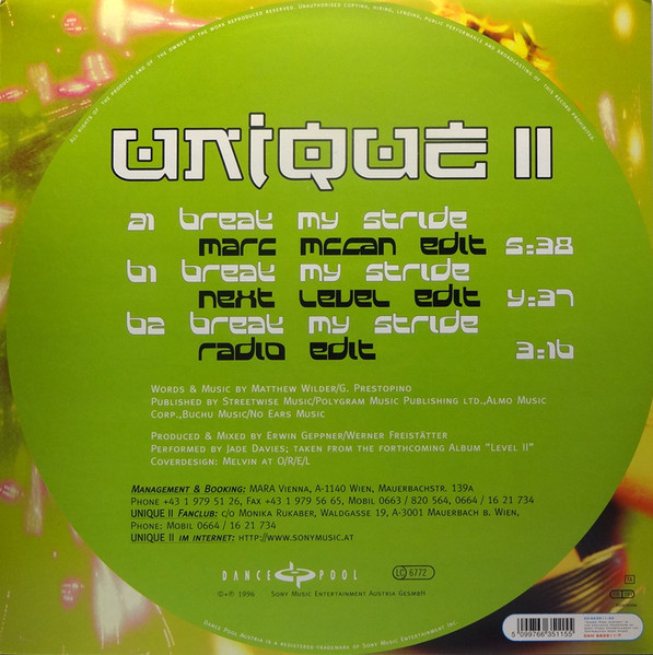 Unique II - Break My Stride (The Remixes) | Dance Pool (DAN 663511 7) - 2